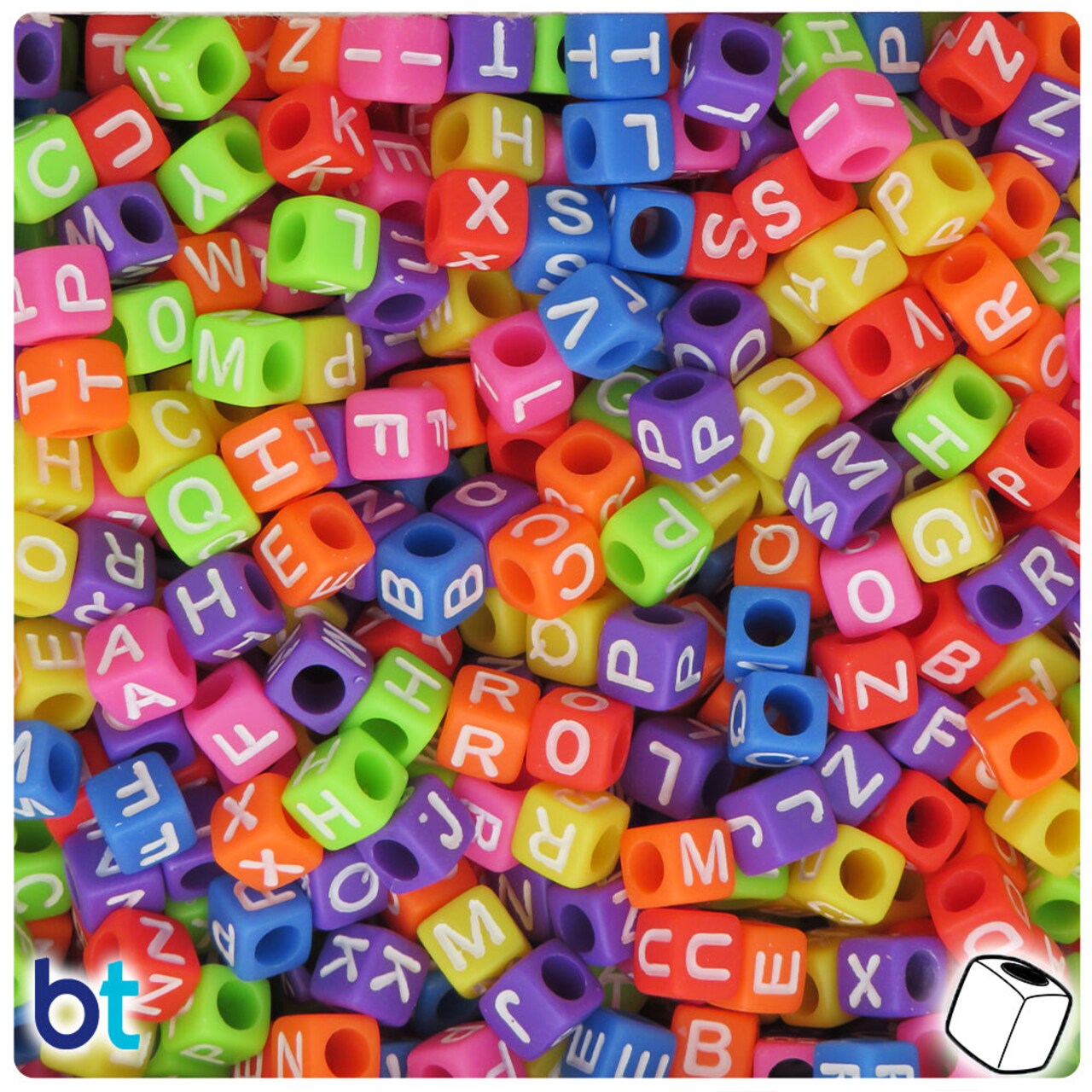 BeadTin Mixed Opaque 6mm Cube Plastic Alpha Beads - White Letter Mix (200pcs)